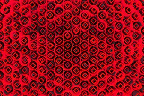 Pattern of colored tubes, repeated square elements, black hexagons and surfac Stock Illustration