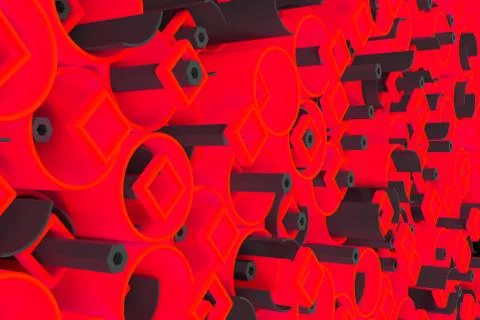 Pattern of colored tubes, repeated square elements, black hexagons and surfac Stock Illustration