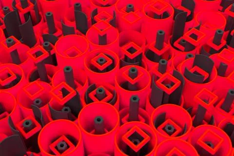 Pattern of colored tubes, repeated square elements, black hexagons and surfac Stock Illustration