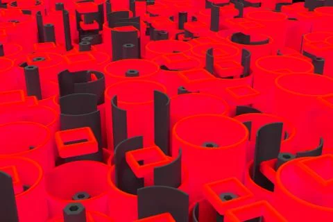 Pattern of colored tubes, repeated square elements, black hexagons and surfac Stockillustratie