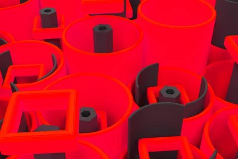 Pattern of colored tubes, repeated square elements, black hexagons and surfac Stock Illustration