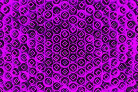Pattern of colored tubes, repeated square elements, black hexagons and surfac Stock Illustration