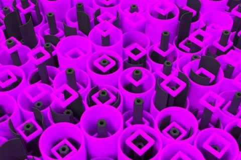 Pattern of colored tubes, repeated square elements, black hexagons and surfac Stock Illustration