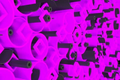 Pattern of colored tubes, repeated square elements, black hexagons and surfac Stockillustratie
