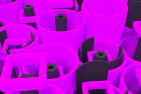 Pattern of colored tubes, repeated square elements, black hexagons and surfac Stock Illustration