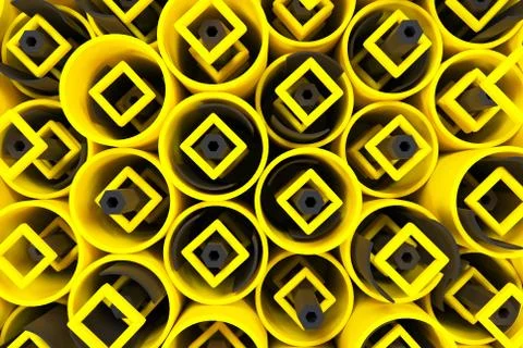 Pattern of colored tubes, repeated square elements, black hexagons and surfac Stock Illustration