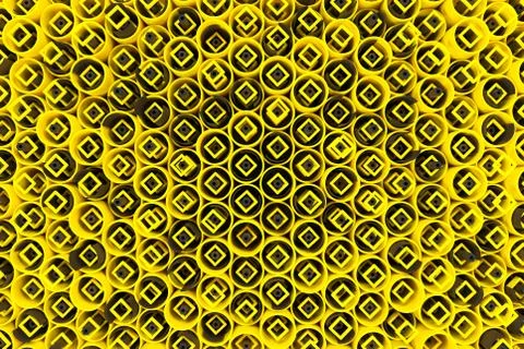 Pattern of colored tubes, repeated square elements, black hexagons and surfac Stock Illustration
