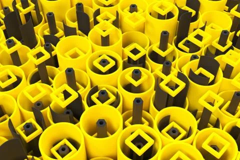 Pattern of colored tubes, repeated square elements, black hexagons and surfac Stock Illustration