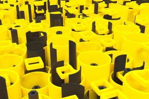 Pattern of colored tubes, repeated square elements, black hexagons and surfac Stock Illustration