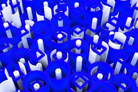 Pattern of colored tubes, repeated square elements, white hexagons and surfac Stock Illustration