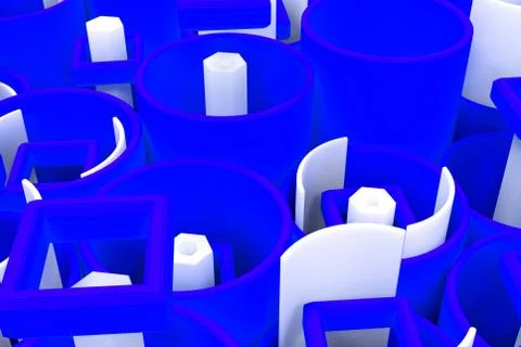 Pattern of colored tubes, repeated square elements, white hexagons and surfac Stock Illustration