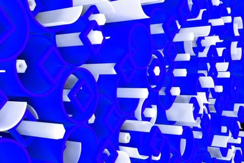 Pattern of colored tubes, repeated square elements, white hexagons and surfac Stock Illustration