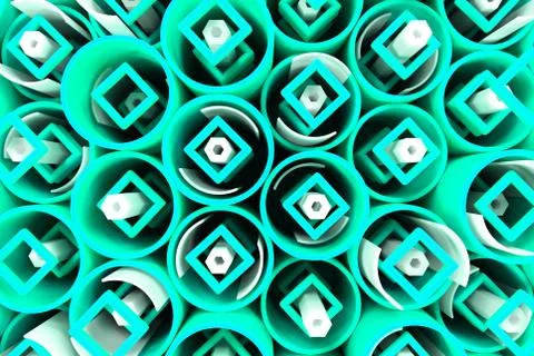 Pattern of colored tubes, repeated square elements, white hexagons and surfac Stock Illustration