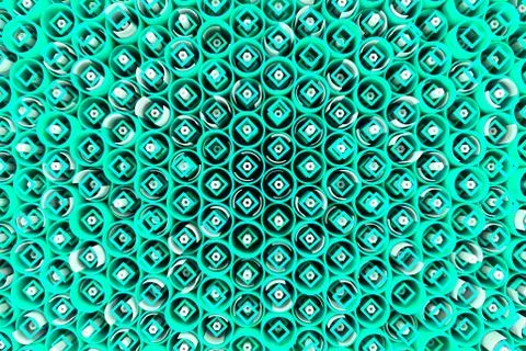 Pattern of colored tubes, repeated square elements, white hexagons and surfac Stock Illustration