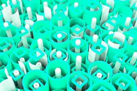 Pattern of colored tubes, repeated square elements, white hexagons and surfac Stock Illustration