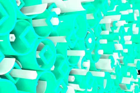 Pattern of colored tubes, repeated square elements, white hexagons and surfac Stock Illustration