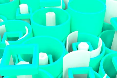 Pattern of colored tubes, repeated square elements, white hexagons and surfac Stock Illustration