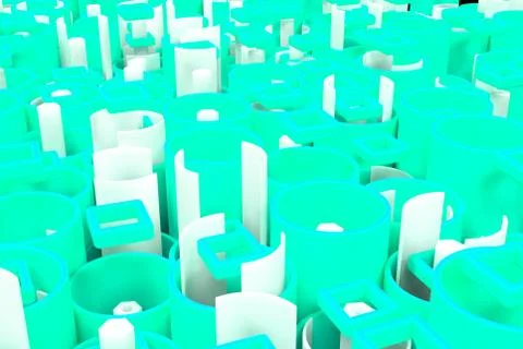 Pattern of colored tubes, repeated square elements, white hexagons and surfac Stock Illustration