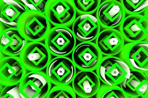 Pattern of colored tubes, repeated square elements, white hexagons and surfac Stock Illustration