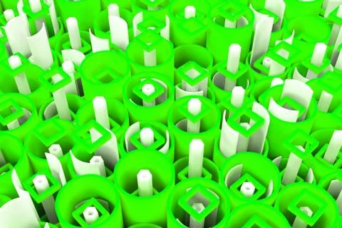 Pattern of colored tubes, repeated square elements, white hexagons and surfac Stockillustratie