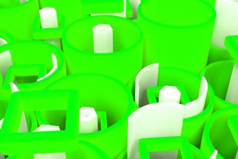 Pattern of colored tubes, repeated square elements, white hexagons and surfac Stock Illustration