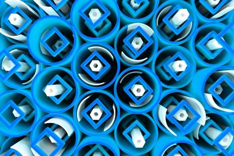 Pattern of colored tubes, repeated square elements, white hexagons and surfac Stock Illustration