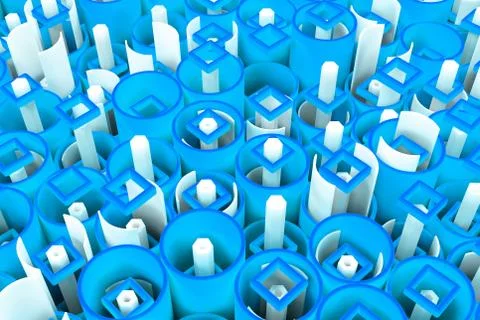Pattern of colored tubes, repeated square elements, white hexagons and surfac イラスト素材