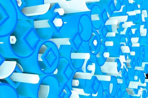 Pattern of colored tubes, repeated square elements, white hexagons and surfac 库存插图