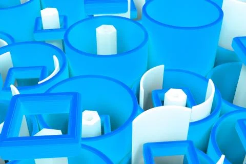 Pattern of colored tubes, repeated square elements, white hexagons and surfac Stock Illustration