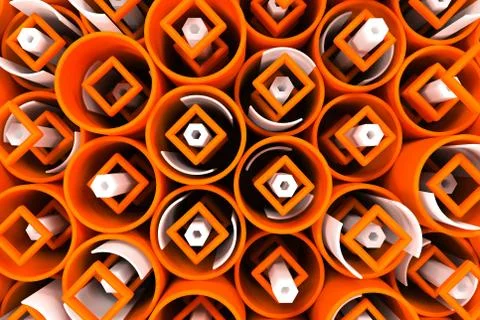 Pattern of colored tubes, repeated square elements, white hexagons and surfac Stock Illustration