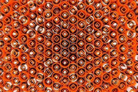 Pattern of colored tubes, repeated square elements, white hexagons and surfac Stock Illustration