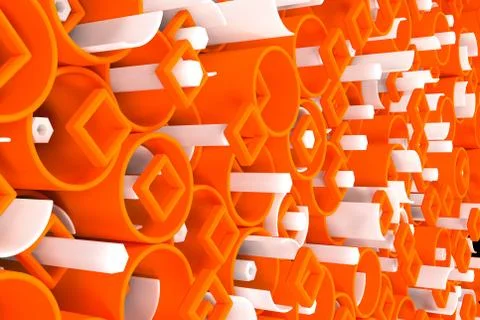 Pattern of colored tubes, repeated square elements, white hexagons and surfac 스톡 일러스트