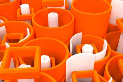 Pattern of colored tubes, repeated square elements, white hexagons and surfac Stock Illustration