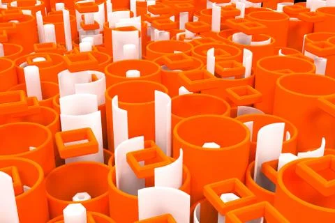 Pattern of colored tubes, repeated square elements, white hexagons and surfac 스톡 일러스트