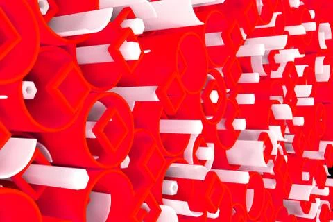 Pattern of colored tubes, repeated square elements, white hexagons and surfac Stockillustratie