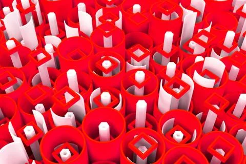 Pattern of colored tubes, repeated square elements, white hexagons and surfac Stockillustratie