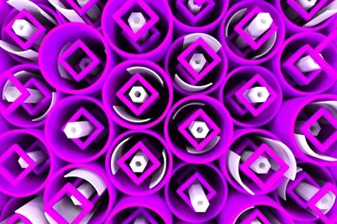 Pattern of colored tubes, repeated square elements, white hexagons and surfac Illustrazione stock