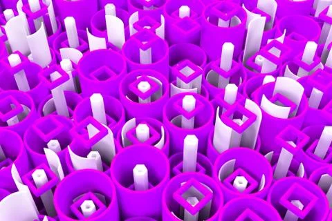 Pattern of colored tubes, repeated square elements, white hexagons and surfac 스톡 일러스트