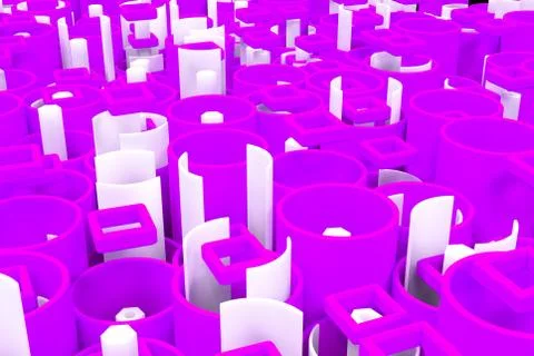 Pattern of colored tubes, repeated square elements, white hexagons and surfac 库存插图