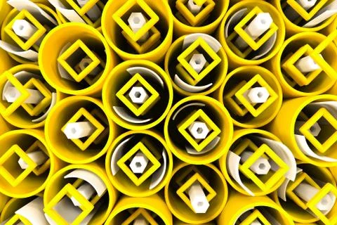 Pattern of colored tubes, repeated square elements, white hexagons and surfac Stock Illustration