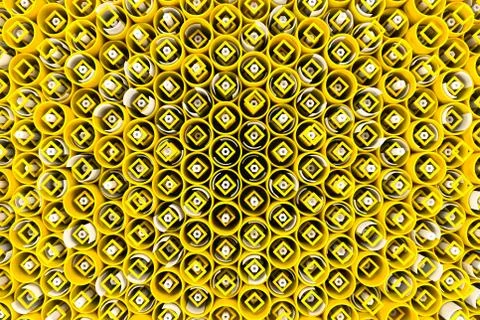 Pattern of colored tubes, repeated square elements, white hexagons and surfac Stock Illustration