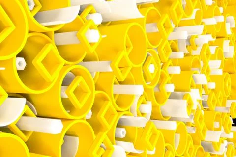 Pattern of colored tubes, repeated square elements, white hexagons and surfac Stock Illustration