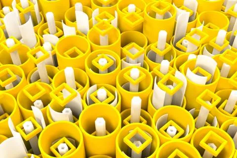 Pattern of colored tubes, repeated square elements, white hexagons and surfac Stock Illustration