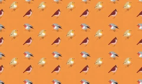 Pattern of colorful birds on orange background 库存插图