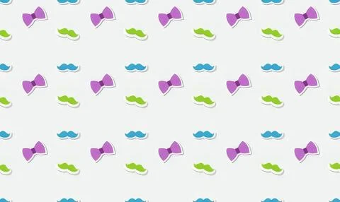Pattern of colorful bow ties and mustaches on a white background Stock Illustration