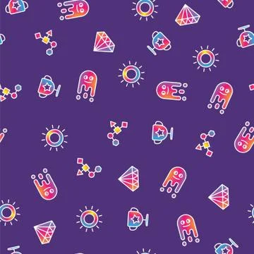 Pattern colorful crystal, cup, sun and abstract geometric shapes on purple Illustrazione stock