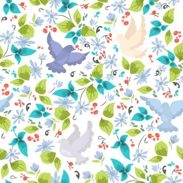 Pattern with colorful doves and flowers Stock Illustration