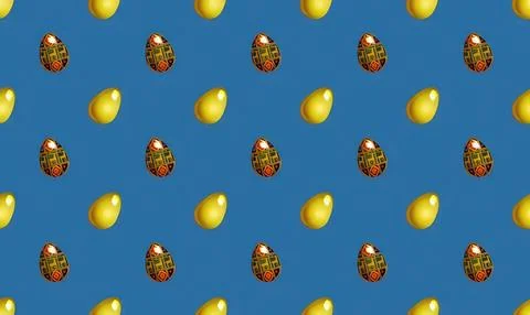 Pattern of colorful easter eggs and yellow candies on blue background Stock Illustration