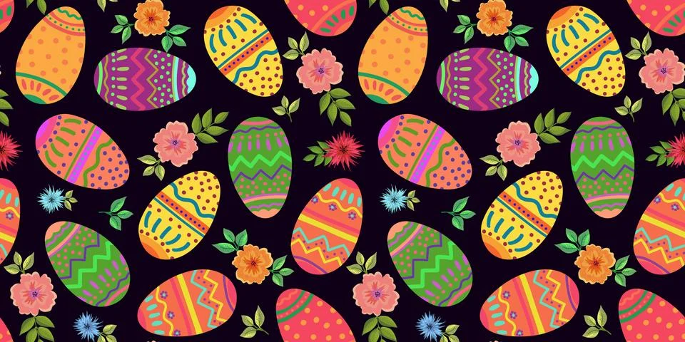 Pattern colorful Easter eggs flowers and leaves black background Illustrazione stock