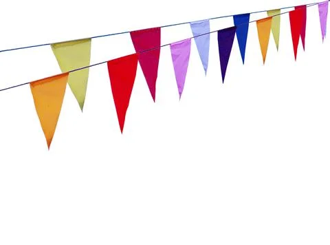 Pattern of the colorful flags hanging with blue sky as a background Stockfoto's